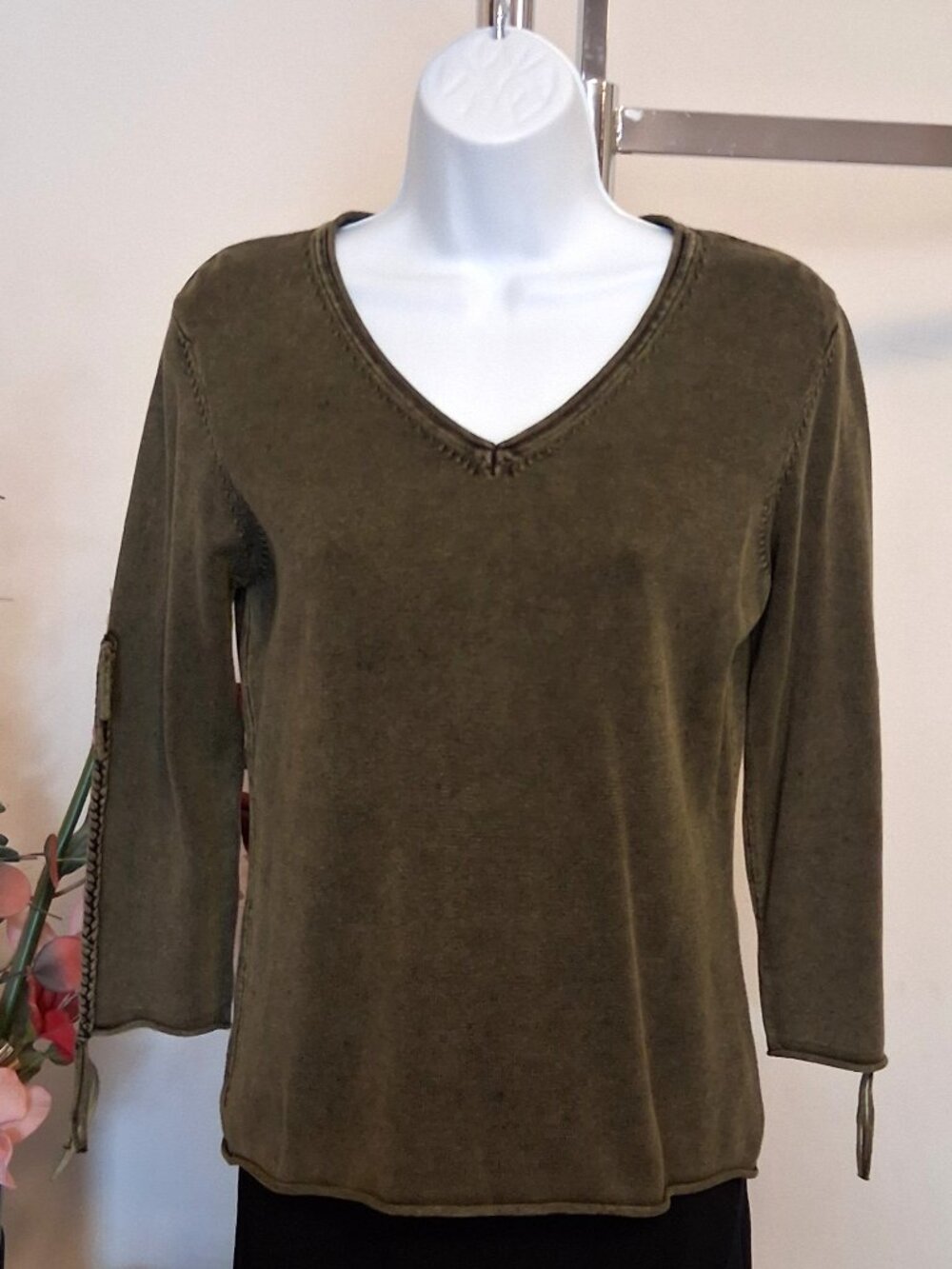 Soft Knit 100% Cotton Cardigan Sweater ¾ Sleeves Size M Green